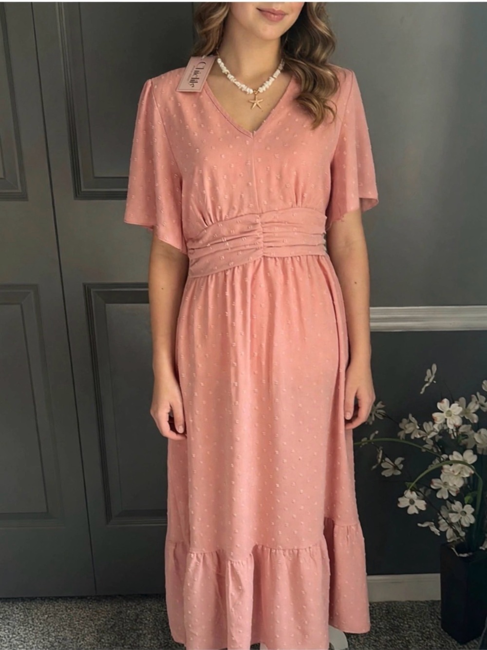 Cider Pink Flutter Sleeve Tie Front Midi Dress